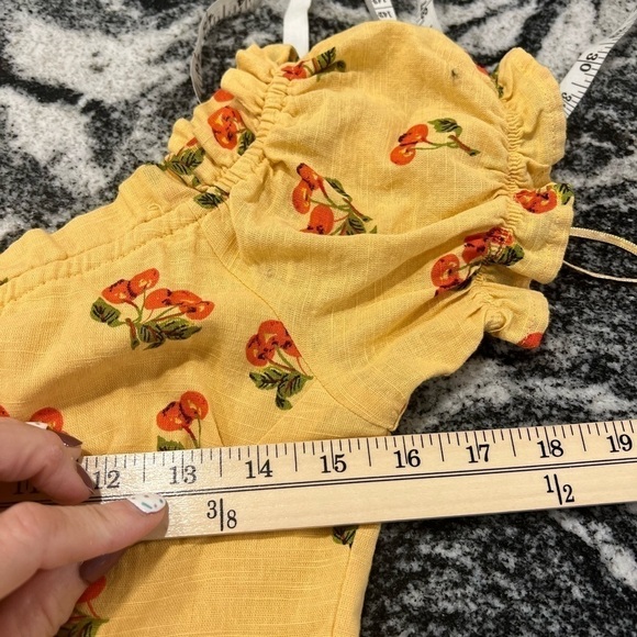 UO honey yellow with cherries print milkmaid mini dress with ruffles - Picture 7 of 14